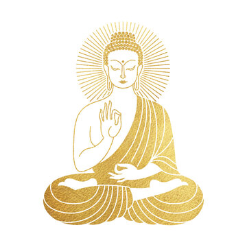 Golden robes sitting Buddha illustration isolated on white. Hand in Vitarka Mudra gesture. Gold textured foil figure with halo. Indian, yoga, esoteric design element for cards, posters, celebrations.