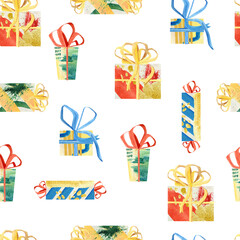 Christmas gift boxes pattern. Watercolor box with bow for wrapping paper, textile fabric, seamless background, scrapbook paper.