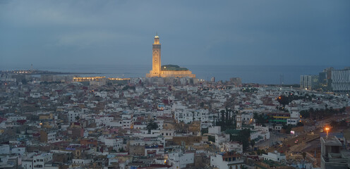 Casablanca cityscape: Old medina and Hassan II Mosque, HDR Image - obrazy, fototapety, plakaty