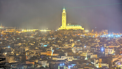 Casablanca cityscape: Old medina and Hassan II Mosque, HDR Image