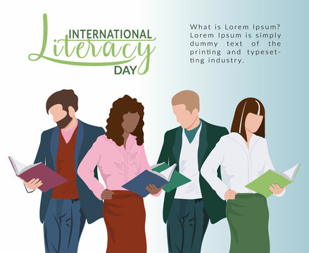 The concept of Literacy Day. A group of people reading books. People of different races and genders. Education. Business style clothing. Cute vector illustration in the style of a flat cartoon.