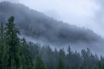 The mountain slopes of the Italian Dolomites covered with dense fog