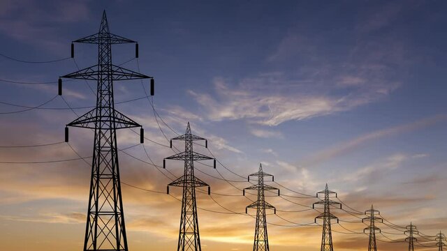 High voltage power line towers at sunset. Timelapse.