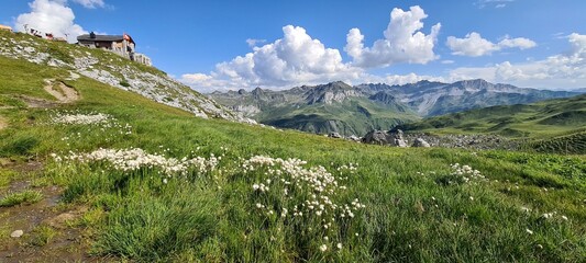 Fototapeta na wymiar Mountain panorama of the Ratikon Alps during a hike across Austria and Switzerland. Carschinnahuette.
