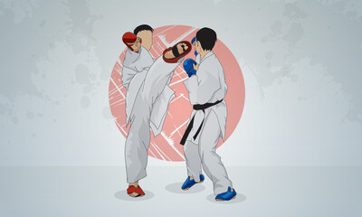 Training of two fighters in karate martial arts. Abstract gray background.