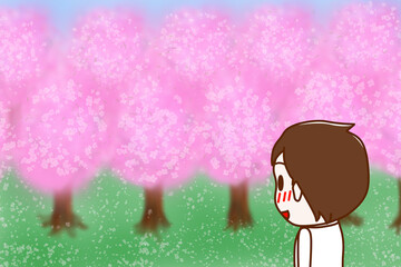 （上半身斜め後ろ）桜の名所を見て目を輝かせて感動している男性