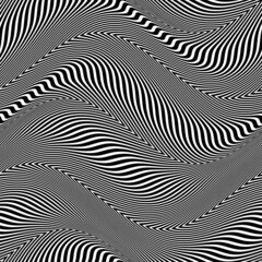 Optical art vector illustration of distorted black lines. Twisted striped background. Vibrant optical illusion. Tile of seamless pattern.