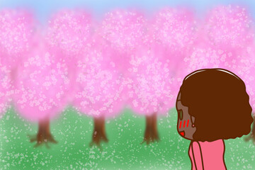 （上半身斜め後ろ）桜の名所を見て目を輝かせて感動しているアフリカ系女性