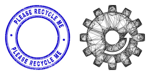 Network irregular mesh gear rotation icon with Please Recycle Me textured round seal print. Abstract lines form gear rotation object. Blue stamp seal includes Please Recycle Me text inside round form. - 471037049