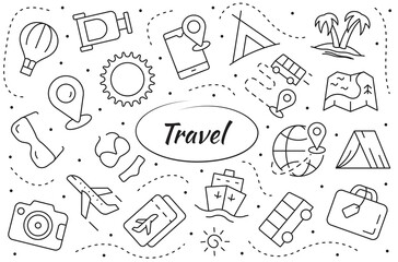 Travel objects and elements related set. Concept of adventure and tourism. Vector line symbol collection.