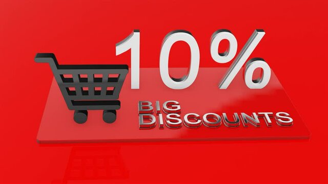 3D Promo video showing a 10 percent discount with the movement of a basket of goods. Camera movement