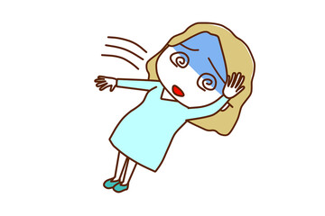 （全身斜め）めまいを起こして目がグルグル回って真っ青になり倒れる白人女性