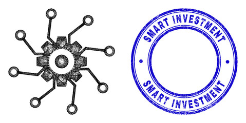Network irregular mesh gear circuit links icon, and Smart Investment unclean round seal print. Abstract lines form gear circuit links picture. Blue seal has Smart Investment caption inside round form.