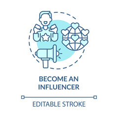 Become influencer blue concept icon. Way to make money online abstract idea thin line illustration. Popular internet personality. Vector isolated outline color drawing. Editable stroke