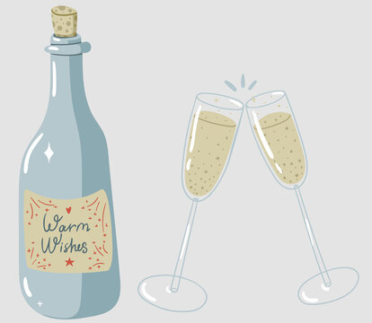Cute simple illustration of champagne bottle and two glasses that clink at party