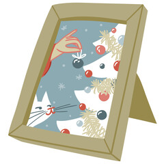 Cute simple illustration of christmas new year wooden frame with cat looking how decorate the Christmas tree