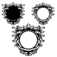 antique style calligraphic floral ornament forming round copy space blank frame -  black and white vintage vector circle decorative design set