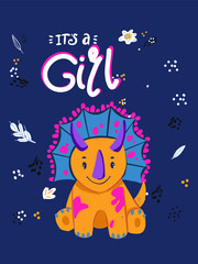 Cute cartoon little dinosaur - vector illustration. Cute simple dino , its a girl postcard-Great for designing baby clothes.