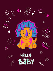 Cute cartoon little dinosaur - vector illustration. Cute simple dino cartoon, hello baby postcard-Great for designing baby clothes.