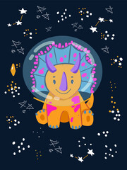 Cute cartoon cosmo little dinosaur - vector illustration. Cute simple dino night sky, stars -Great for designing baby clothes.