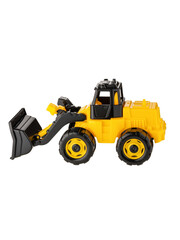 A child's toy. Agricultural machinery. the tractor is black and yellow with wheels and bucket isolated on a white background. Transport model.Side view. Perfect retouching.