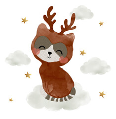 Cute cat in deer suit, christmas theme, beautiful hand drawings for kids prints, wallpapers, greeting cards.