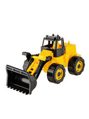 A toy tractor in black and yellow with a bucket lowered down is isolated on a white background. Side view. Perfect retouching.