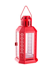 A traditional red metal lantern with a handle, a glass door with openwork inserts without a candle. Side view. Isolated on a white background. Photo for the catalog. Layout for designer. Perfect retou