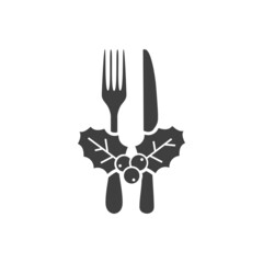Logotipo con tenedor y cuchillo y hojas de acebo con bayas en color gris para su uso en invitaciones y tarjetas de felicitación