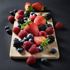 A mixture of strawberries, blackberries, raspberries and blueberries on a cutting board ready to be processed into a healthy diet. 