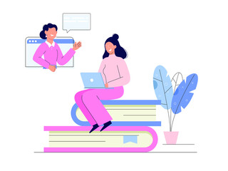 Young woman is studying a foreign language, sitting on books. Girl talking to  through laptop screen. Cartoon student character. Vector illustration isolated on white background.