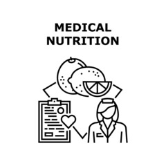 Medical Nutrition Diet Vector Icon Concept. Lemon, Orange And Grapefruit Citrus Dietary Medical Nutrition, Eating Healthcare Food Advicing Doctor For Patient. Healthy Nourishment Black Illustration
