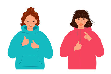 Smiling teenagers with suspenders. Braces concept. Dental care. Smiling fashionable girls in flat style. Orthodontic treatment. Dental clinic landing page. White background