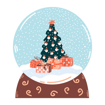 Snow globe with Christmas tree and gift boxes. Vector snow ball. Present for cozy winter time