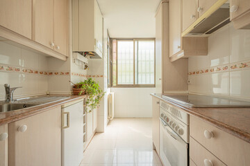 Large kitchen with nooks, plants and red granite simile countertop with window and lots of light