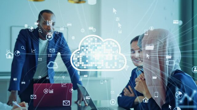 Cloud computing concept. Communication network. Group of multinational people in the office.