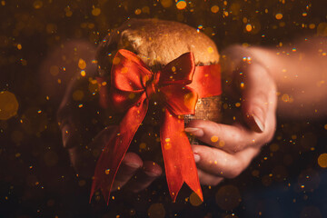 Hands Woman holding panettone wrapped as a christmas gift