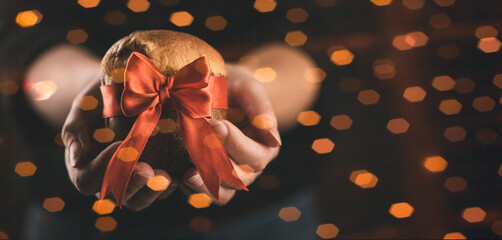 Hands Woman holding panettone wrapped as a christmas gift