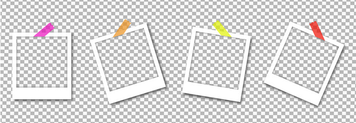 Photo frame on wall. Picture frame set. Blank pictures. Photo frame. Vector isolated picture frame mockup with shadow on transparent background. Poster frame mockup. Stock vector.	
