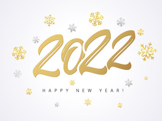 Obraz na płótnie Canvas Happy New Year 2022 golden logo text design. Vector holiday illustration with 2022 number, sparkling confetti and shining golden snowflakes on white background