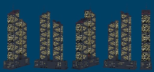 modern fictional buildings at dusk with glowing lights, isolated side view downtown nightlife concept - 3d illustration of skyscrapers