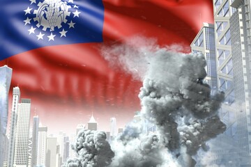 huge smoke pillar in abstract city - concept of industrial blast or act of terror on Myanmar flag background, industrial 3D illustration