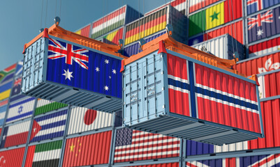 Freight containers with Australia and Norway national flags. 3D Rendering 