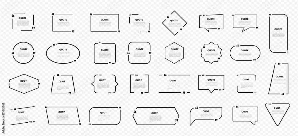 Poster quote box frame icon set. texting quote boxes. blank template quote text info design boxes quotation