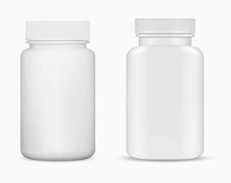 Supplement bottle isolated jar blank. Pill container vector template, medicine package mockup, pharmacy tablet can illustration. Antibiotic cure capsule can