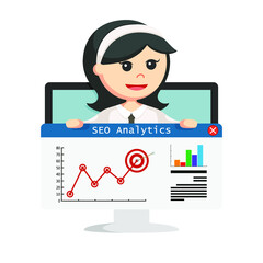 seo analytics hold by businesswoman in monitor pc