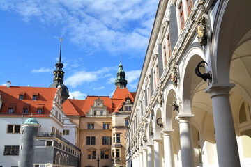 The Long Corridor of the Stable Yard (Stallhof), connects Johanneum and the Georgenbau, formerly courtyard was the site of tournaments, nowadays cultural events place. Dresden, Saxony, Germany.