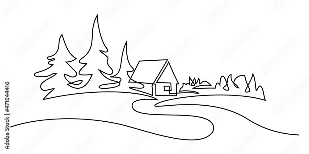 Wall mural Rural landscape in continuous line art drawing style. Country road going to village house in spruce forest black linear sketch isolated on white background. Vector illustration