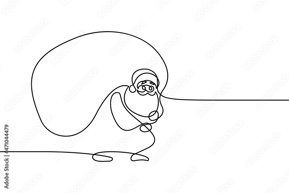 Wall mural santa carrying heavy bag full of gifts in continuous line art drawing style. funny santa claus black