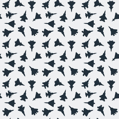Naklejka premium Vector texture of silhouettes of different types of black fighters on a light background 